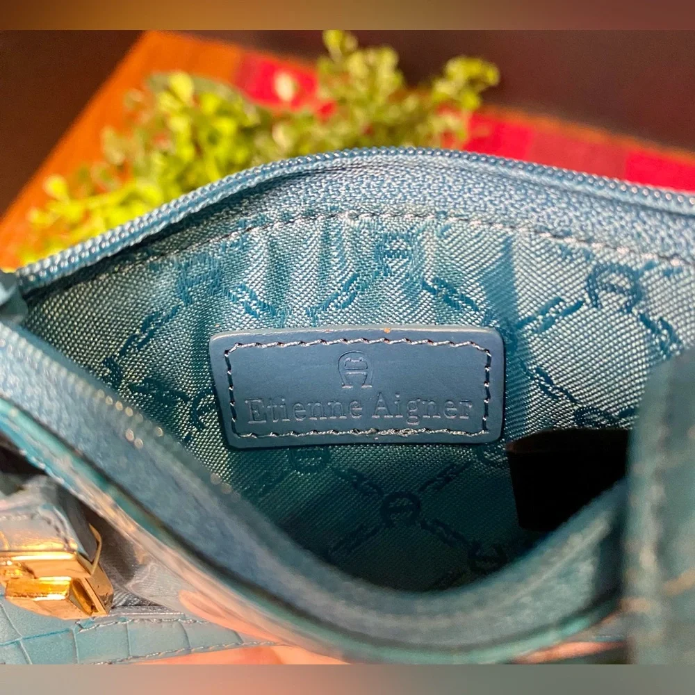 Etienne Aigner Teal Croc-Embossed Card Holder with Mirror Attached & Gold Accent